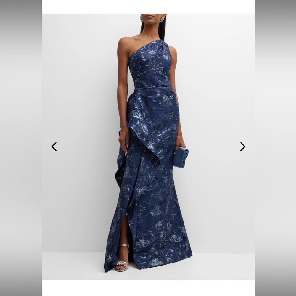 Metallic Jacquard One-Shoulder Side-Ruffle Gown (NWT)